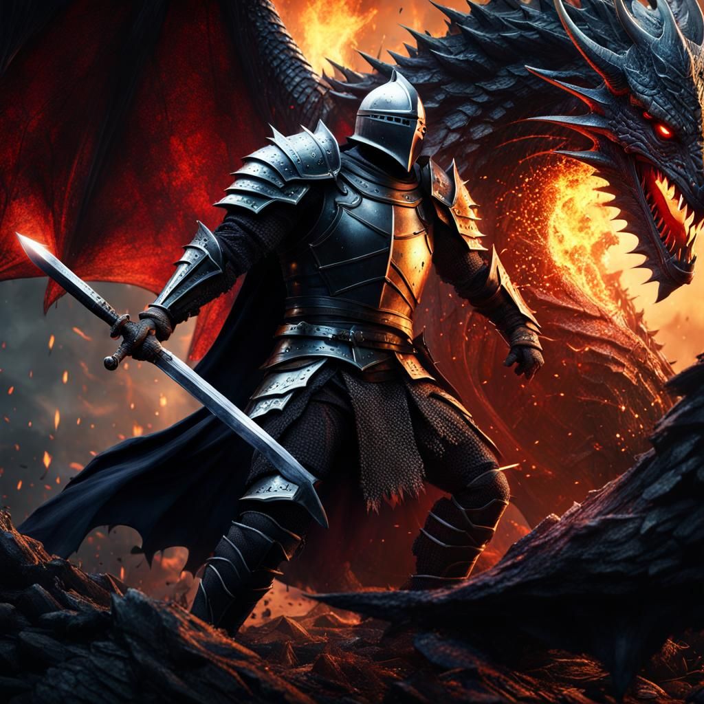 Dark Souls Knight Battles Dragon in Detailed Matte Painting