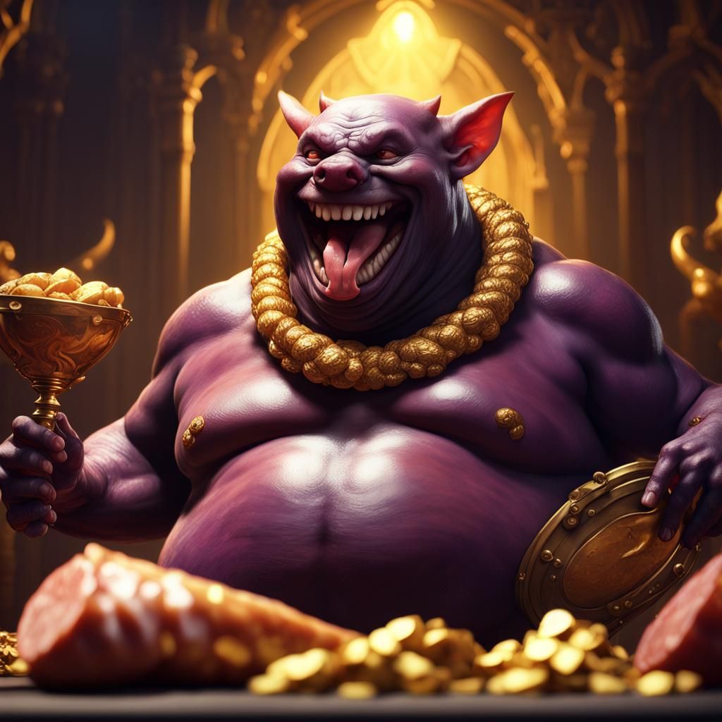 Obese Devil Surrounded by Gold: Dark Fantasy Art