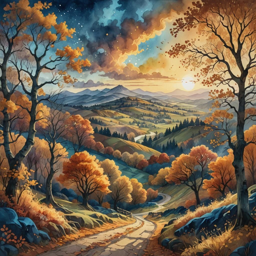 Autumn Sunset Landscape in Digital Watercolor Style