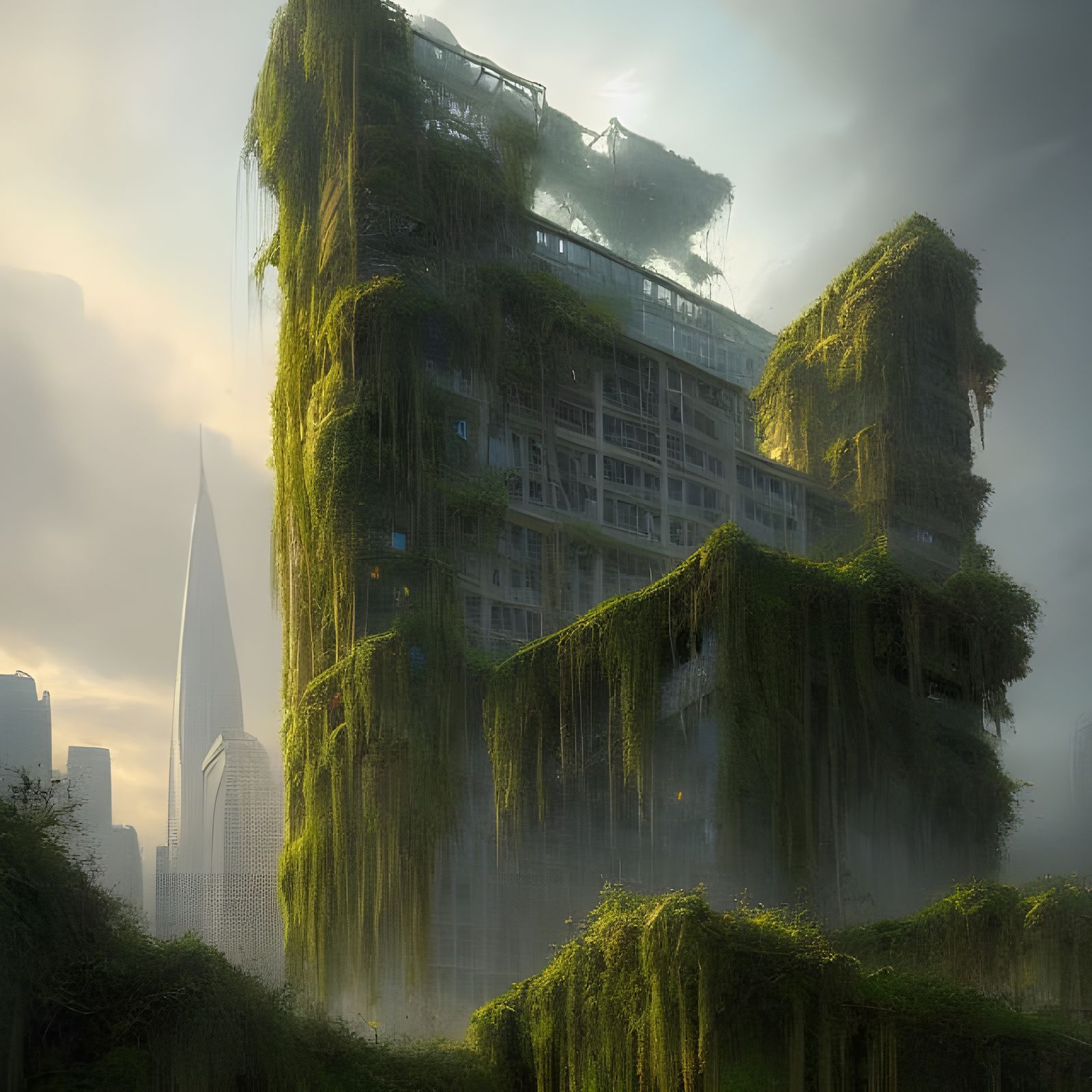 Romantic Overgrown Skyscraper Ruins in Hyperrealism