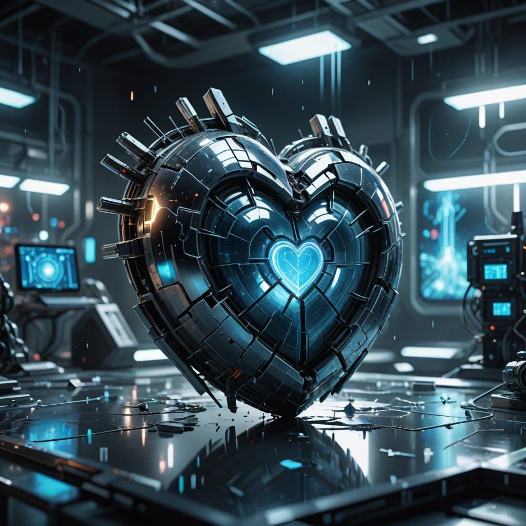 Futuristic Broken Heart in Sci-Fi Lab