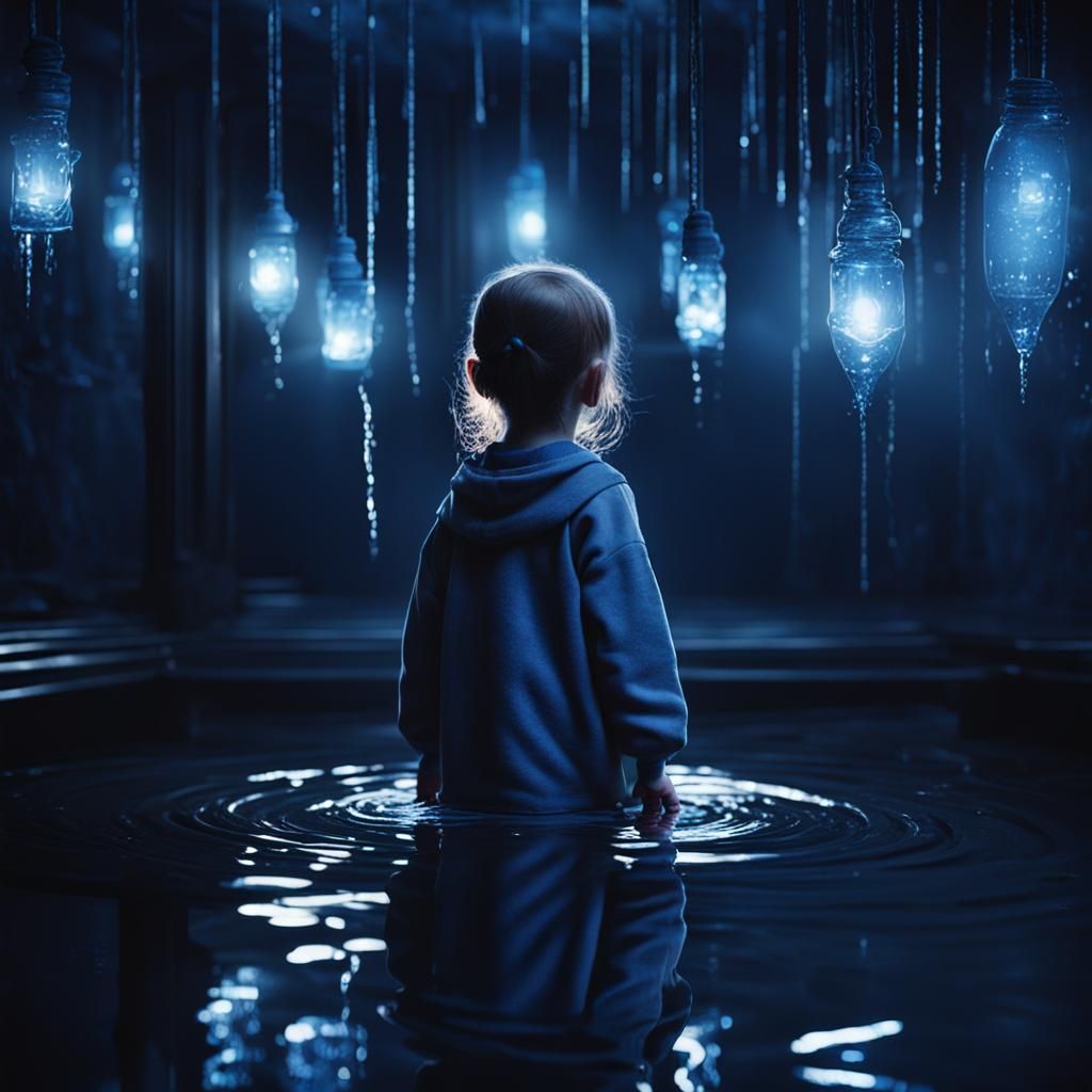 Child in Dark Fantasy Setting with Reflected Light