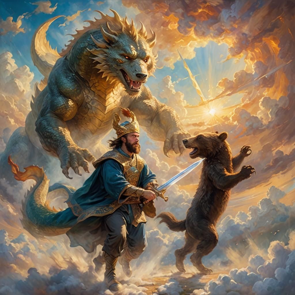 Dragon-tailed Man Chasing Bear in Impressionist Style