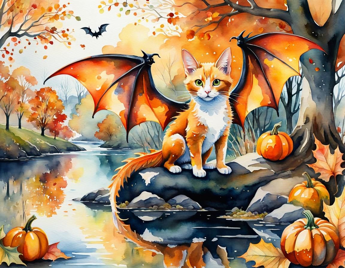 Teslapunk Ginger Dragon-Cat in Autumnal Aquarelle Painting