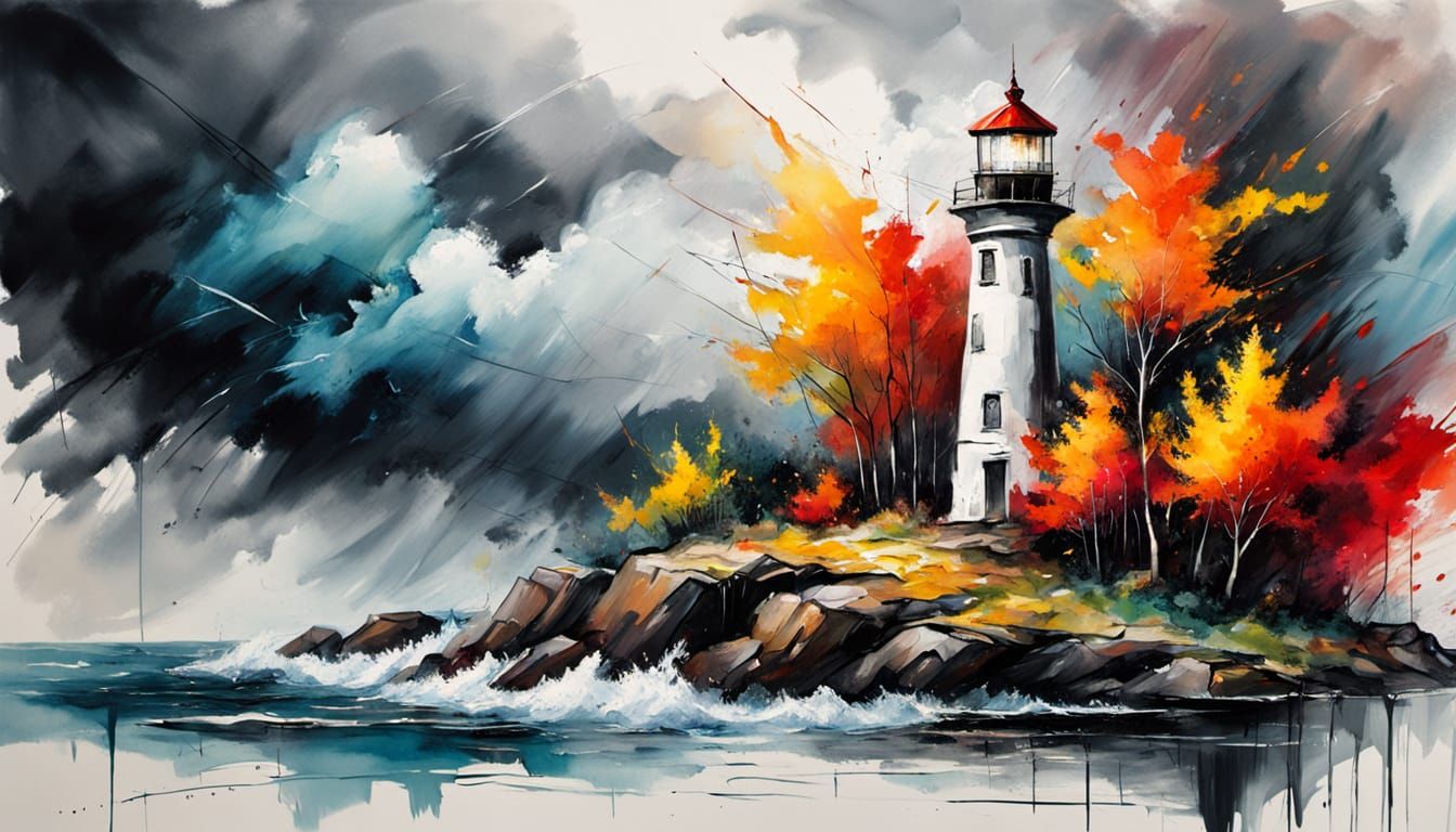 Vibrant Lighthouse Amidst Chaotic Stormy Skies in Glitchcore...