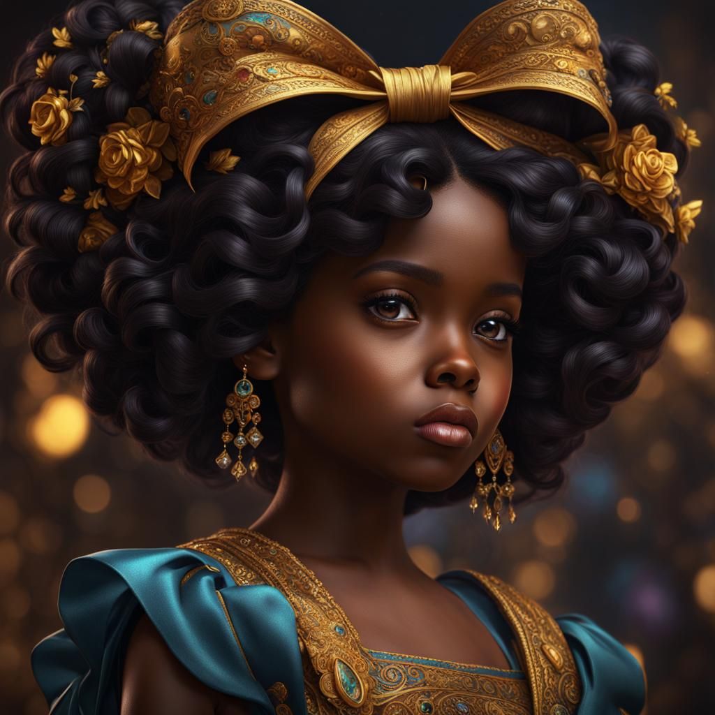 Black Girl with Doll in Detailed Fantasy Art