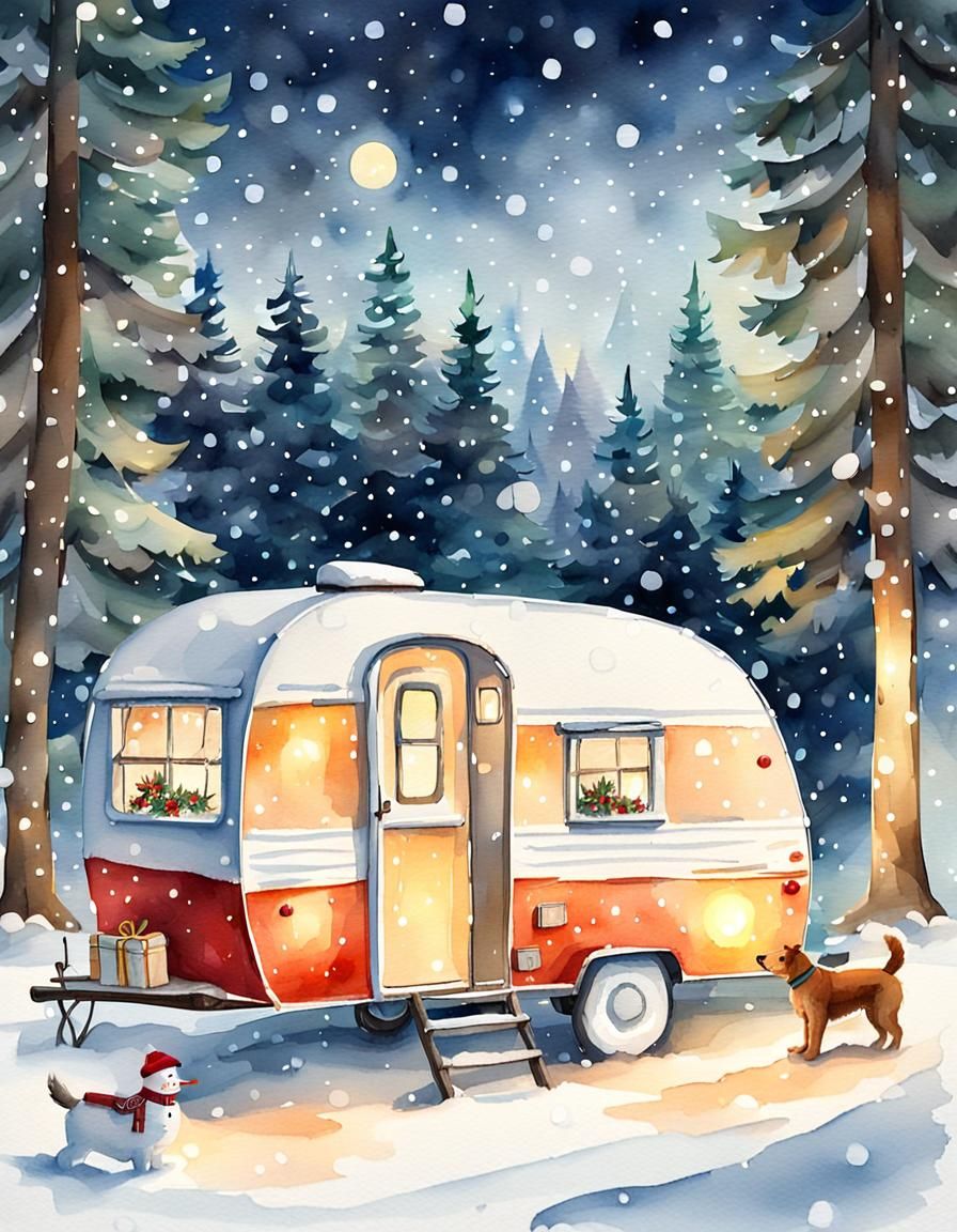 Vintage Watercolor Christmas Camper in Snowy Woods