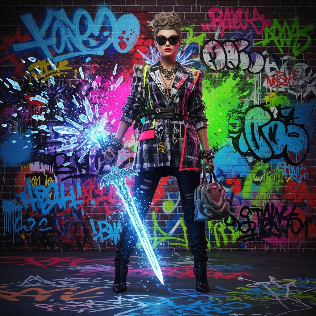 Elegant Woman with Ice Sword in Graffiti Art Style