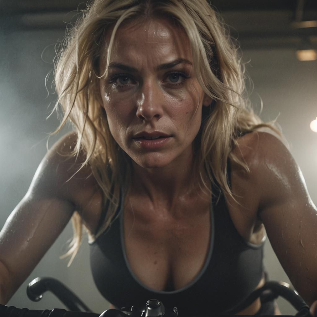Woman on Workout Bike in Film Noir Style