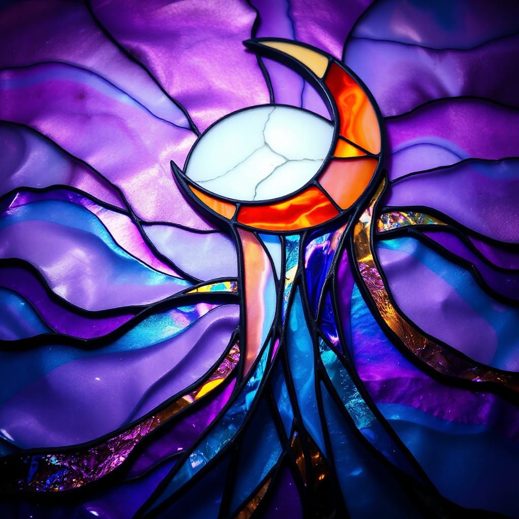 Vibrant Stained Glass Moon Over Purple Sea