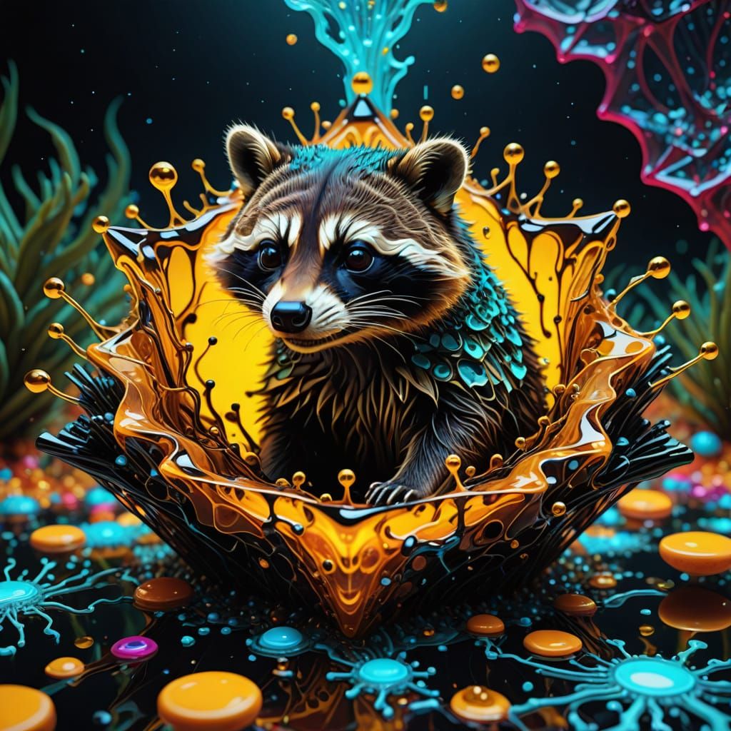 a ferrofluid  raccoon trapped in a 4D tesseract suspended in...