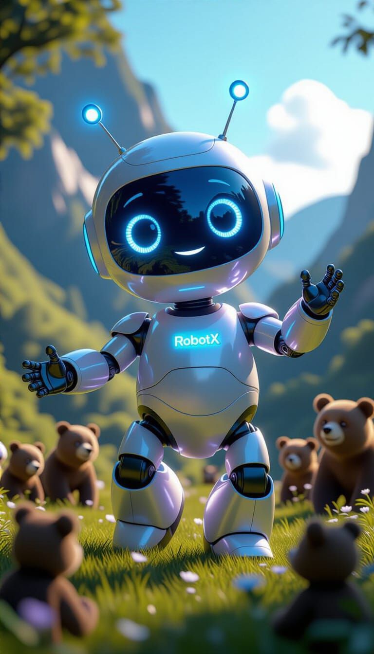 Cute Futuristic Robot Dancing in a Lush Valley