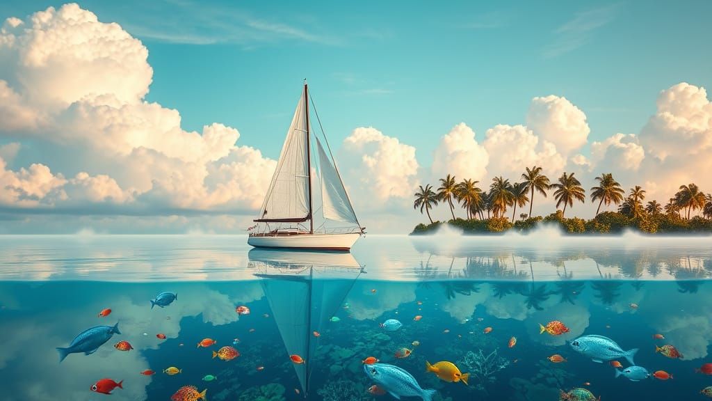 Photorealistic Sailboat on Cloud Lake, Tropical Island Below