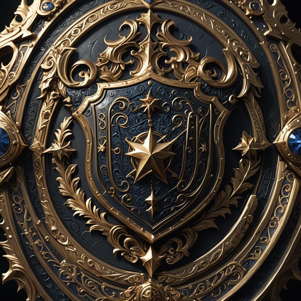 Ornate Shield with Black Star Crest, Fantasy Art