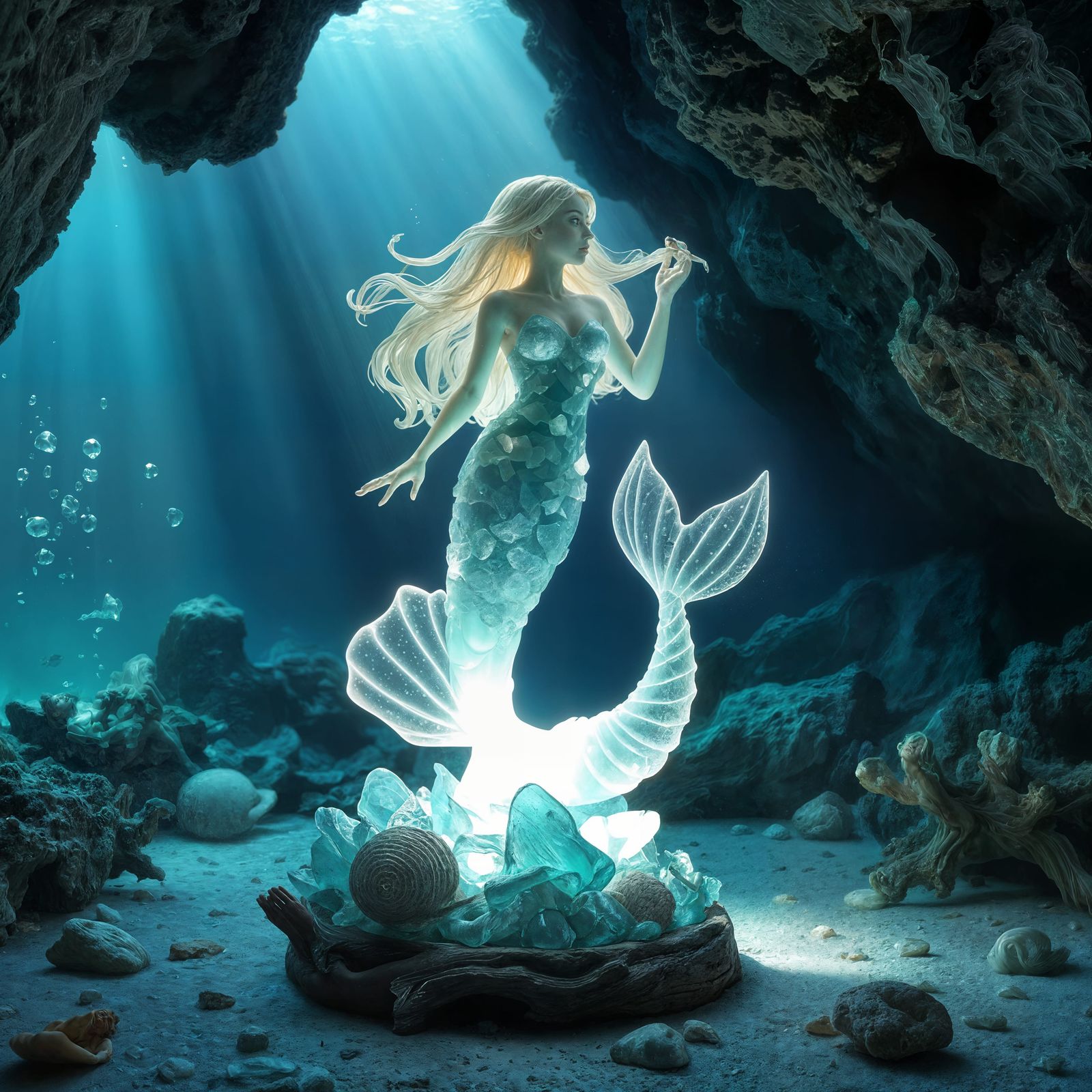 Ethereal Sea Glass Mermaid Sculpture in Grotto