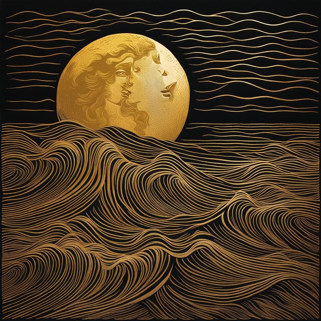 Golden Moon Over Sea in Linocut Style