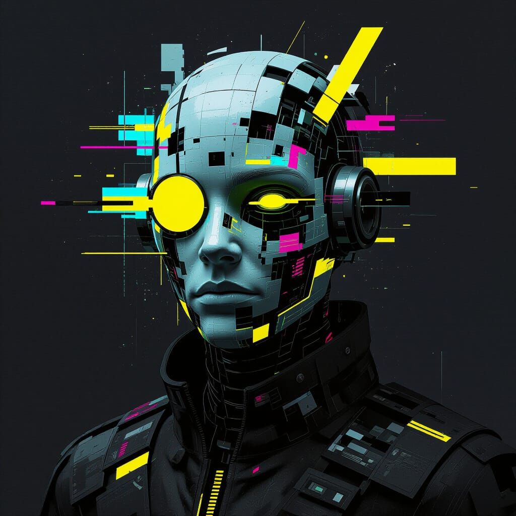 Glitch Art Monster with Neon Accents in Cyberpunk Style