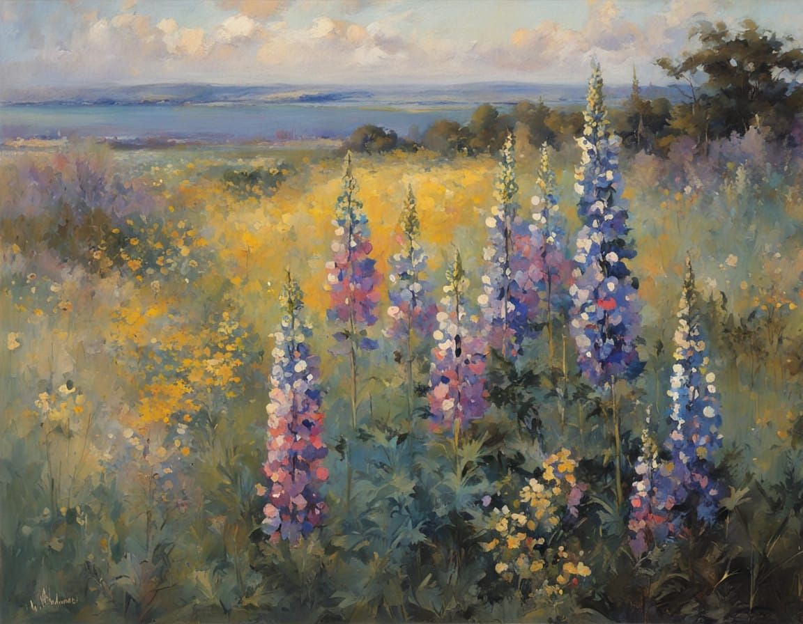 Dreamlike Pastel Lupines Blooms in a Whimsical Landscape