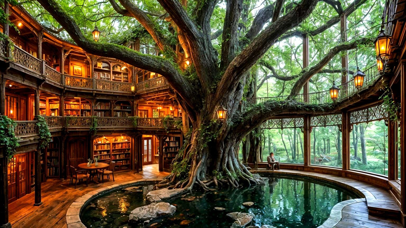 Enchanted Elven Library in Ancient Oak Tree