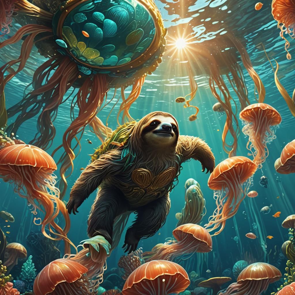 Sloth Swimming in Bioluminescent Sea: Digital Art