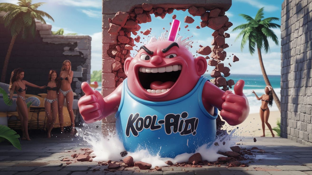 Melting in the heat, Kool-Aid man busts through wall yelling "OH YEAH!" with huge angry smile huge hole in broken brick ...