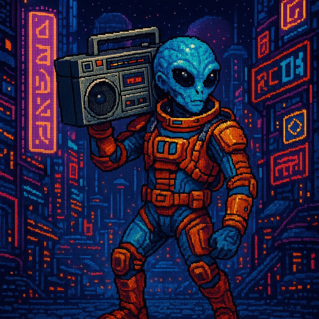 Funky Alien in Futuristic City: 8-bit Pixel Art