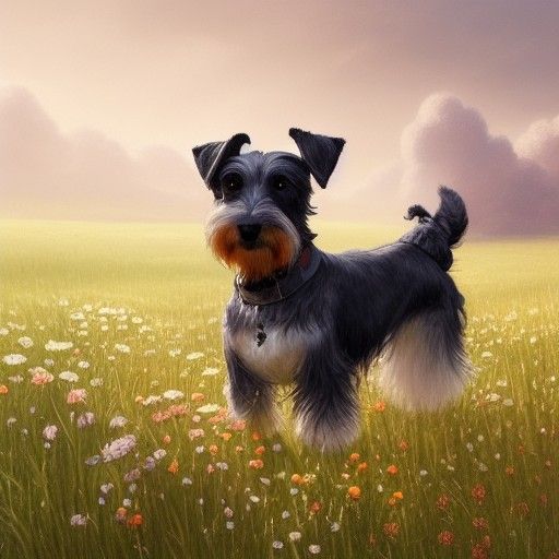 Cute Schnauzer Puppy in Flower Meadow, Digital Art