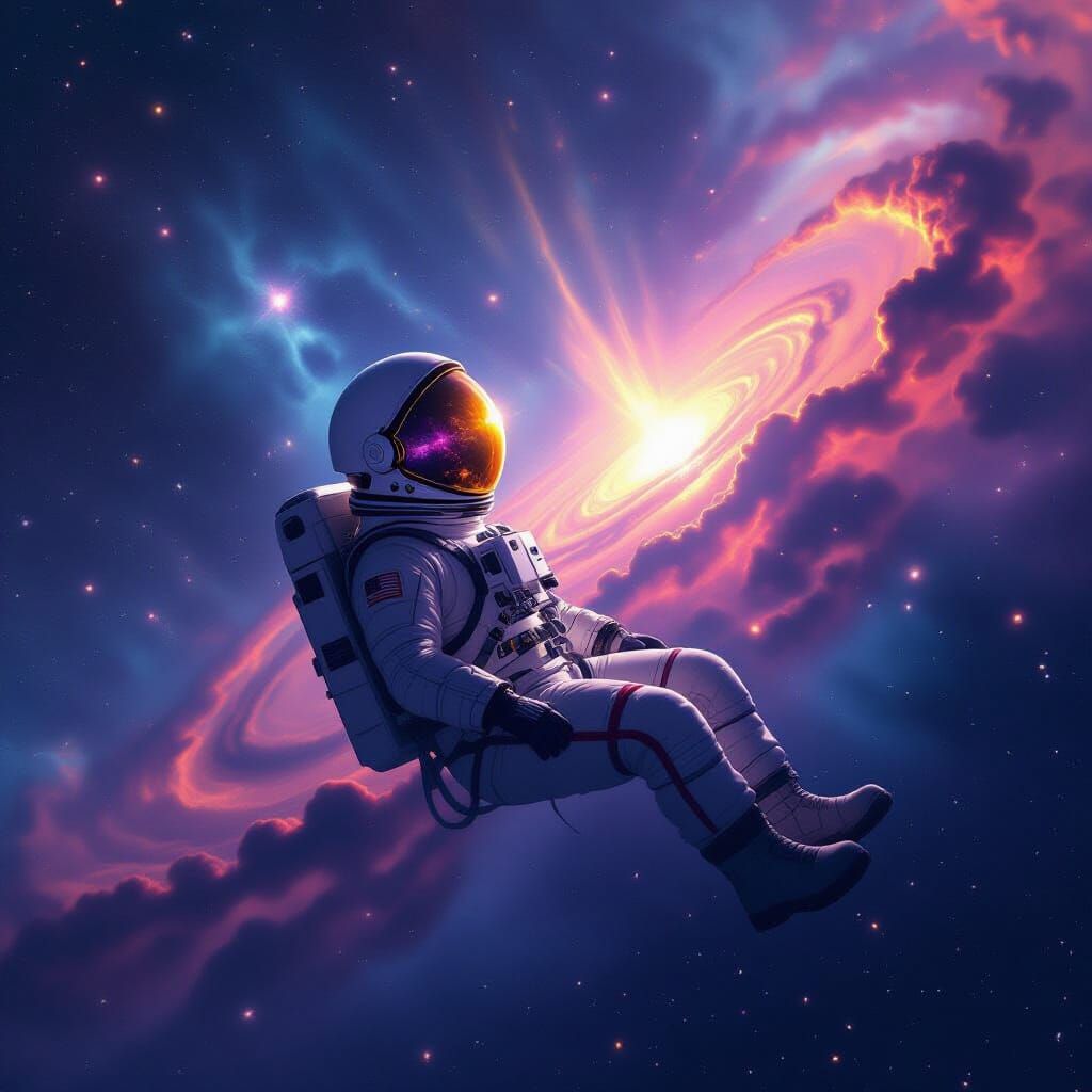 Astronaut Adrift in Star-Dusted Deep Space Nebula