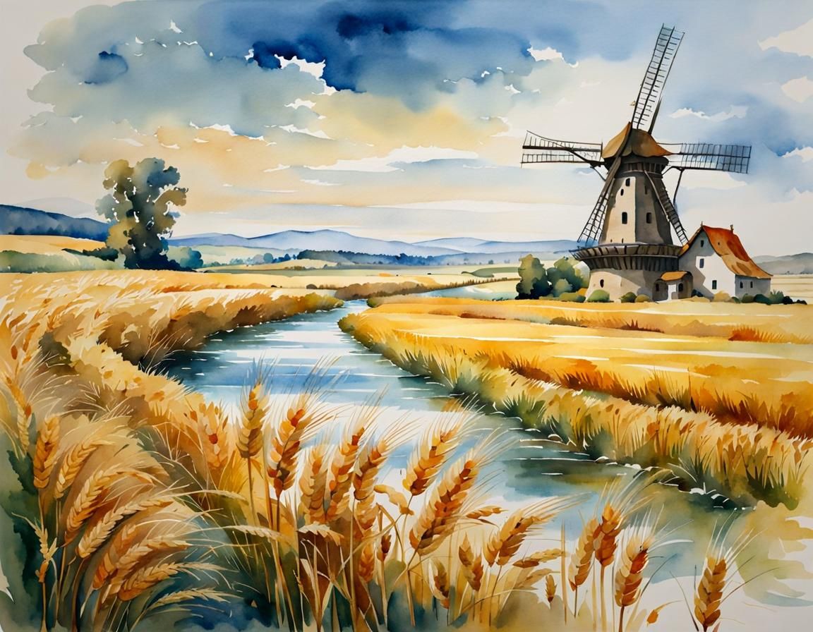 Watercolor Windmill in Serbian Landscape, Dürer Style
