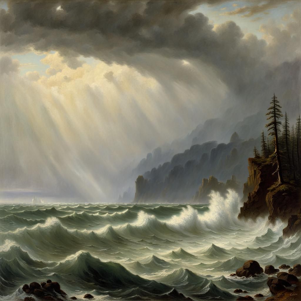 Winter Squall at Columbia River Mouth: Romantic Oil Painting
