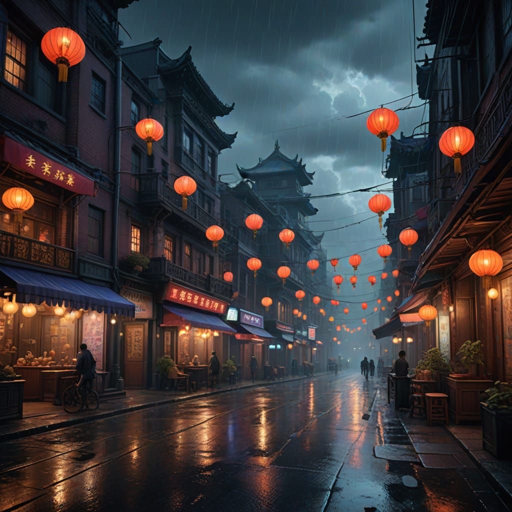 Vibrant Chinatown Street at Night, in Neon-Lit Cyberpunk Sty...