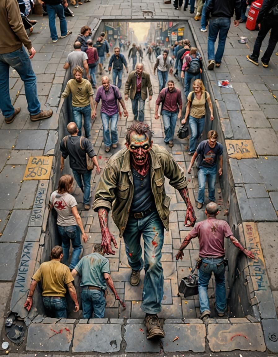 Zombie Apocalypse Tattoo in 3D Pavement Art Style