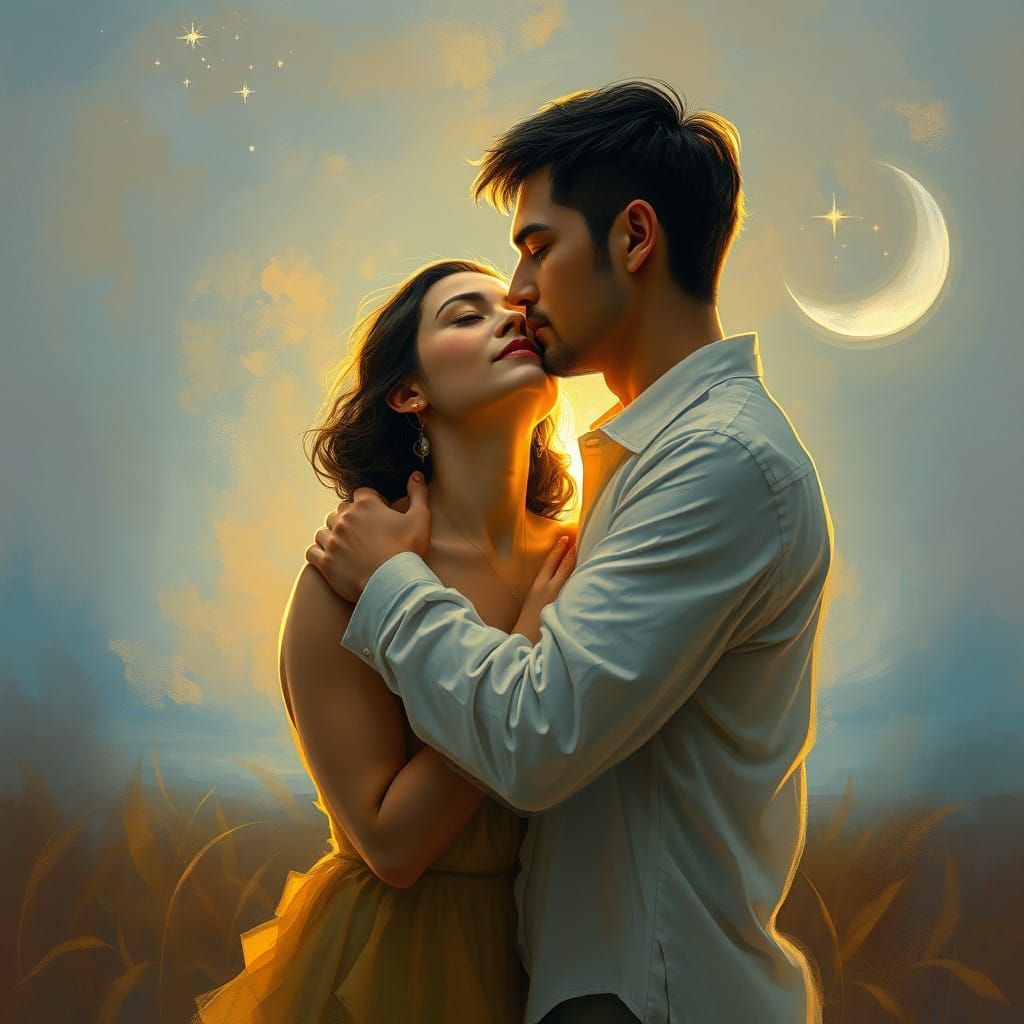 Whimsical Couple Embracing in Golden Light