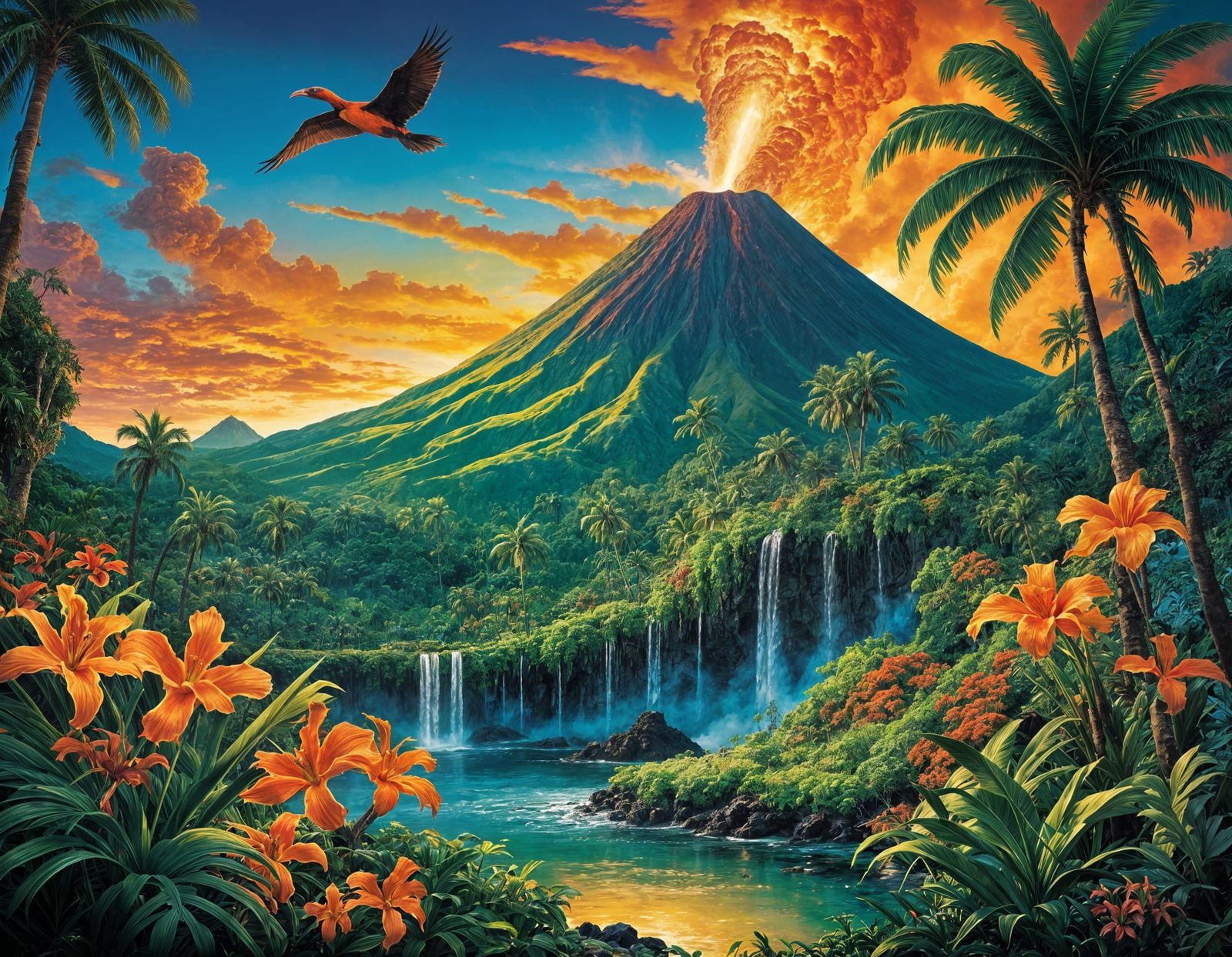 Tropical Volcano Landscape in Digital Painting Style