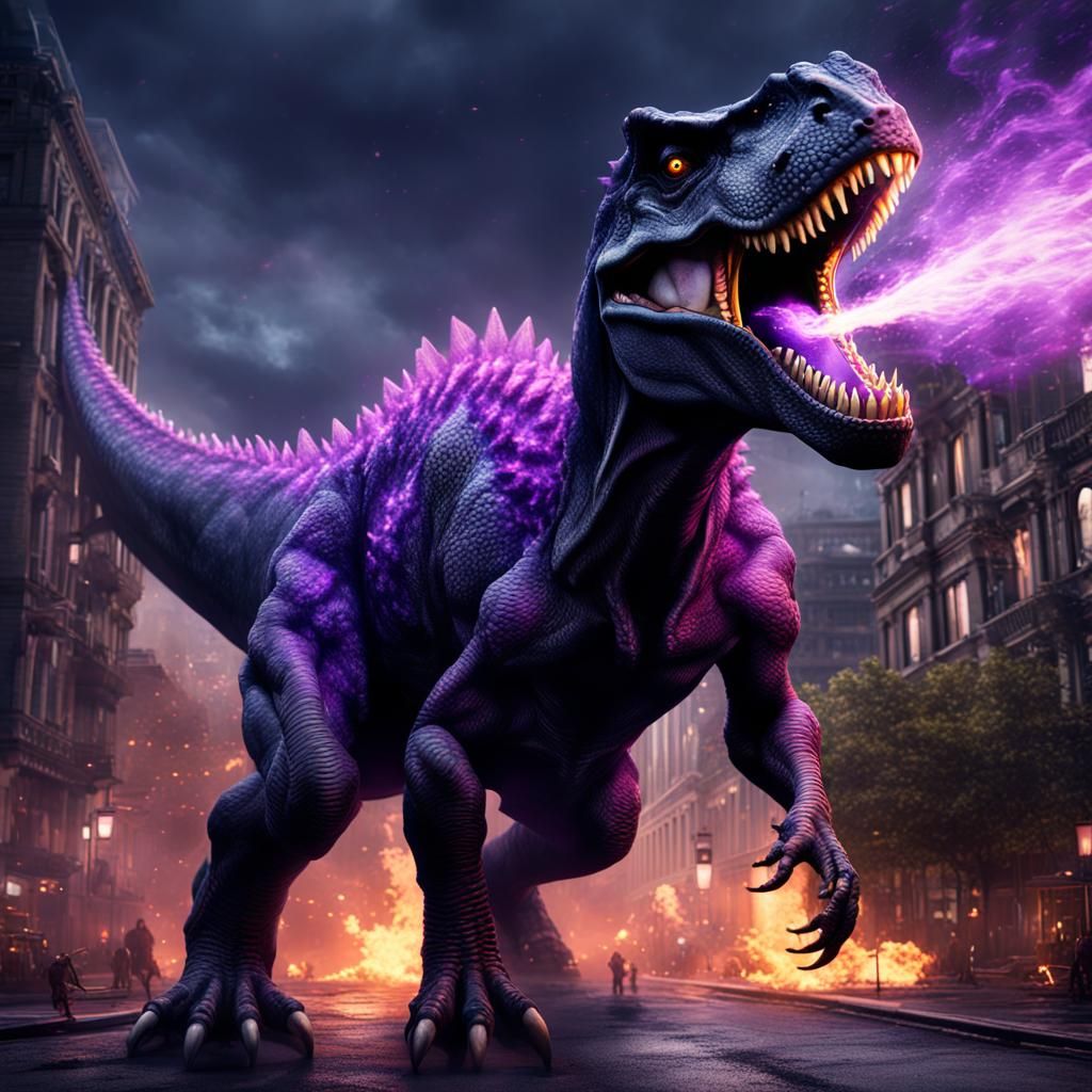 Realistic Dinosaur Spewing Fire Breath in City