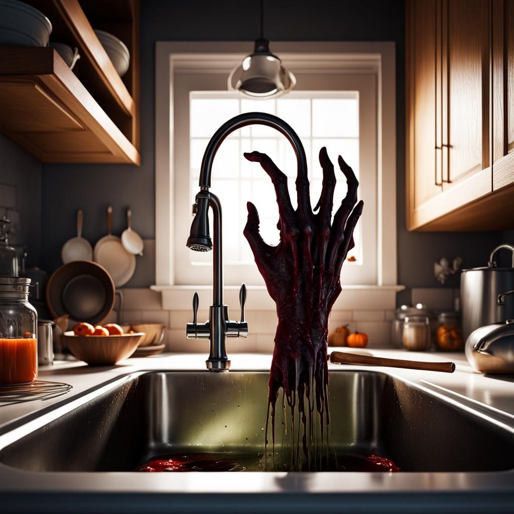 Zombie Hand Emerges from Kitchen Sink in 8k