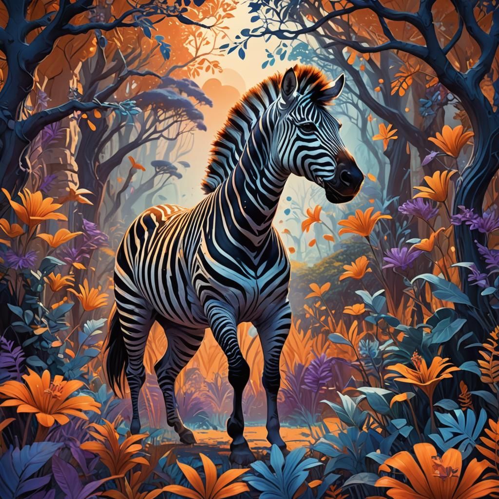 Dreamlike Zebra in Whimsical Savannah: Digital Art