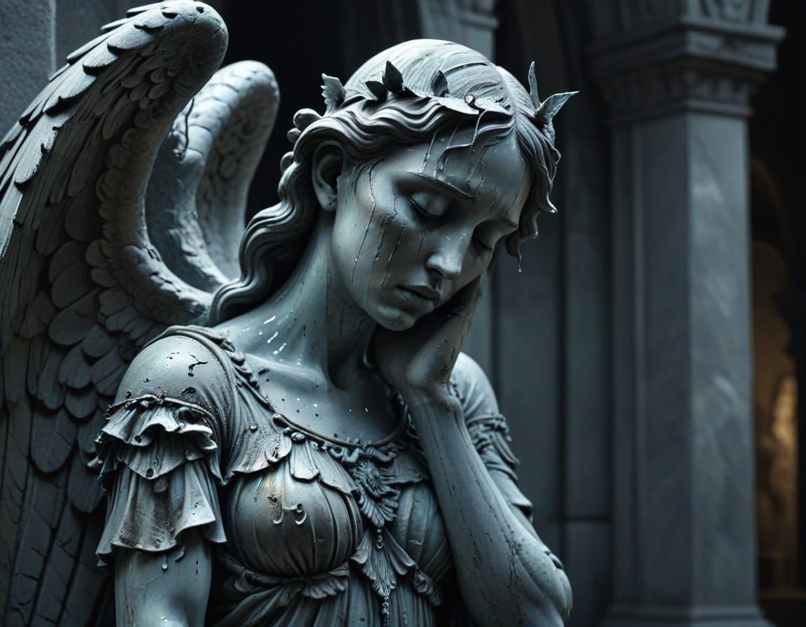Haunting Angel Statue Weeps Stone Tears in Gothic Setting