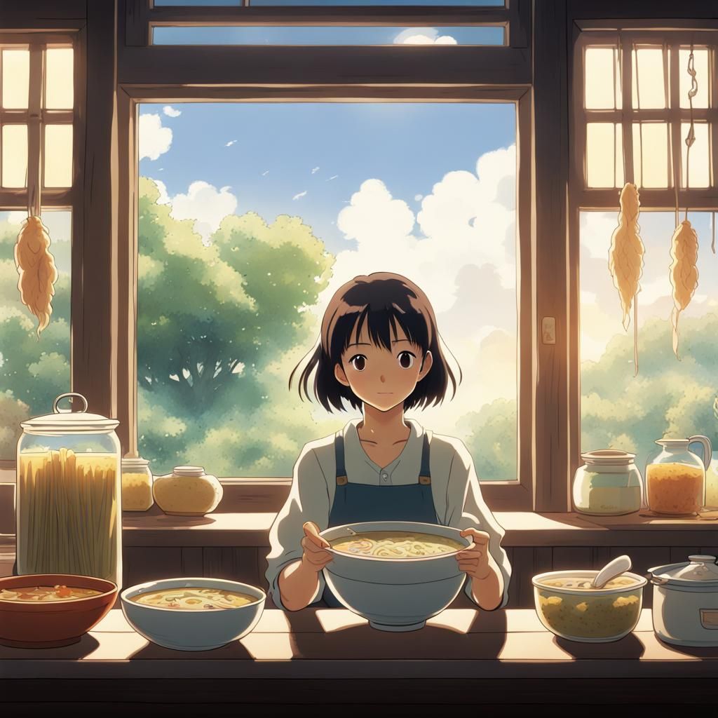 Girl with Soup: Studio Ghibli Anime Visual