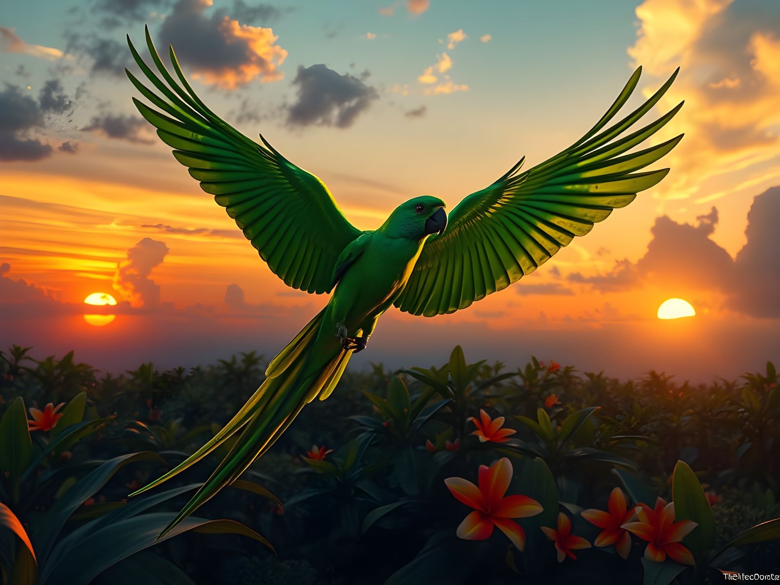 Vibrant Parrot Soars into the Horizon in a Fantastical Lands...