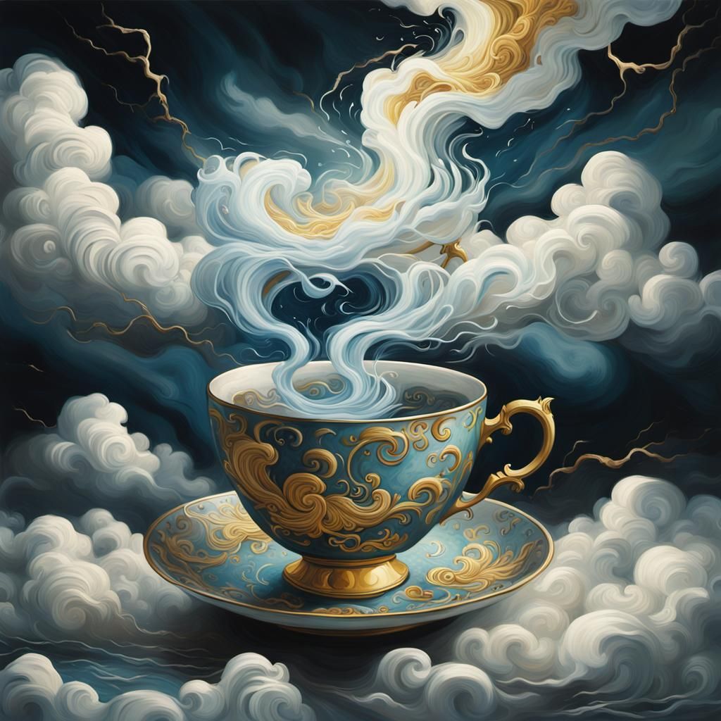 Surreal Teacup Storm in Art Nouveau Style
