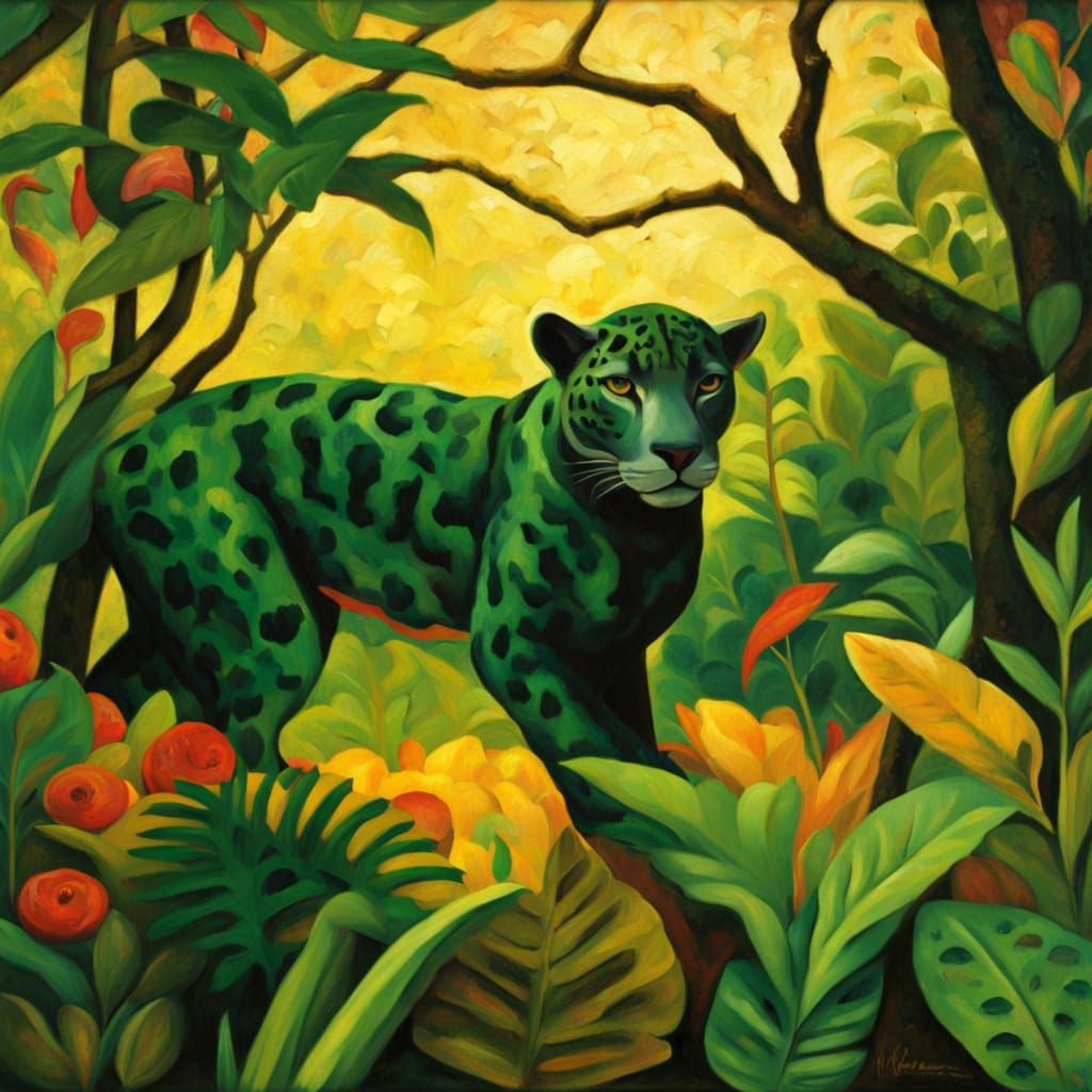 Jaguar in Lush Jungle Gouache Painting