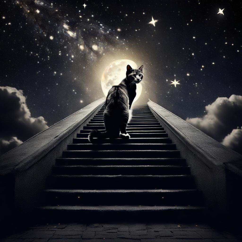 Tabby Cat Walks to Supernova in Starry Sky