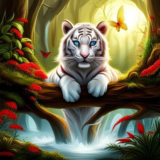 Enchanting Black and White Tiger Cub in Fantasy Forest