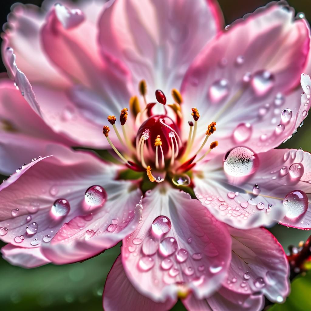 Detailed Cherry Blossom with Dew Drop in Macro