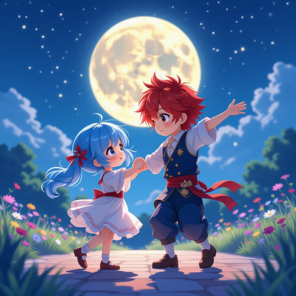 Anime Couple Dancing in Moonlight, 3D Render