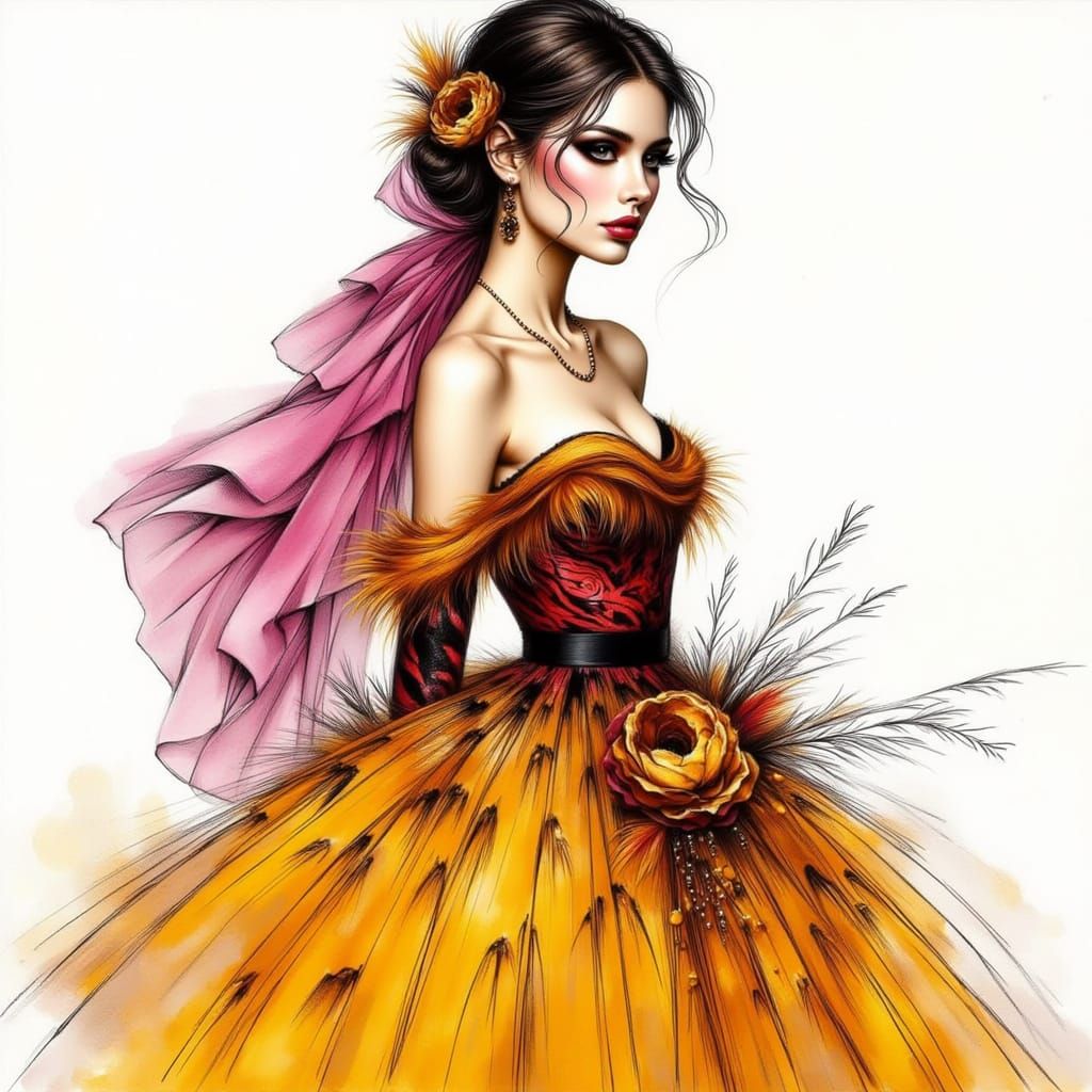 Elegant Woman in Vibrant Yellow Dress with Bold Accents