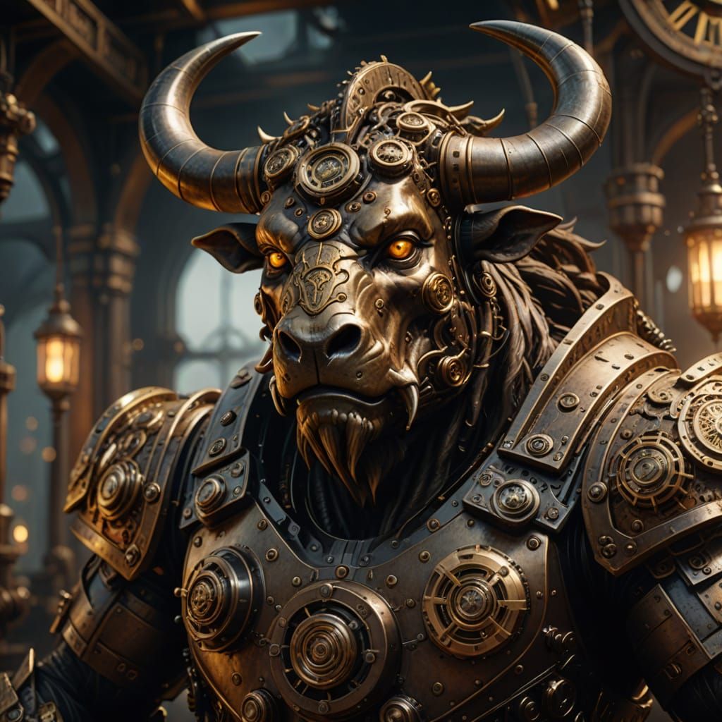 Steampunk Minotaur Portrait with Intricate Gears