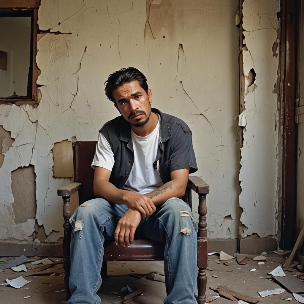 Mexican Man in Abandoned Room: Gritty Digital Realism