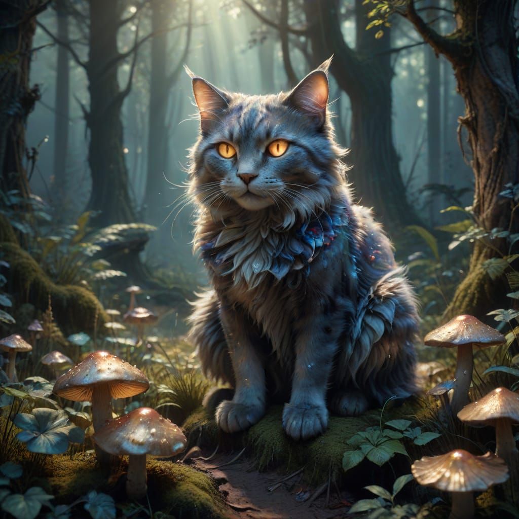 Whimsical Fantasy Cat in Enchanted Forest